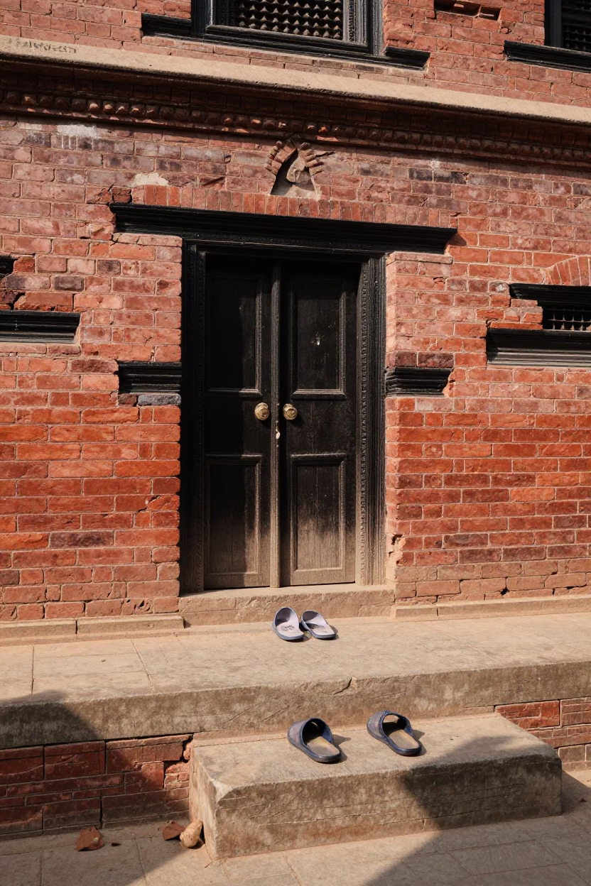 Kathmandu street corner afternoon scene with slippers and door mats in in Kathmandu, Nepal