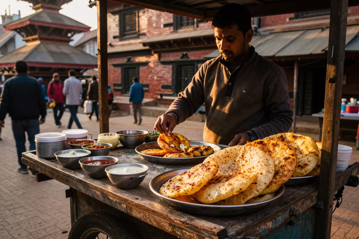 Kathmandu street food stall with alu tikki and chutneys at golden hour in in Kathmandu, Nepal