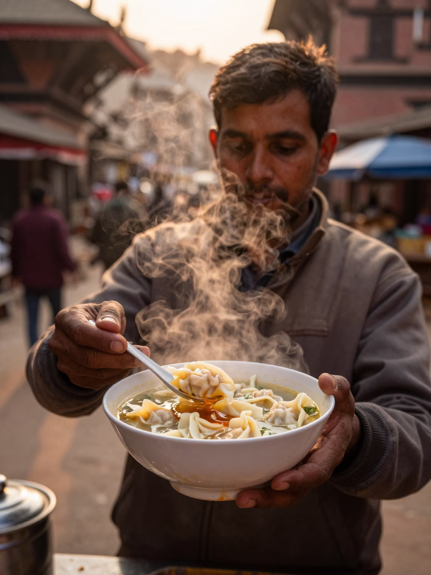 Kathmandu Street Food Vendor Serving Wonton Soup in Honeyed Evening Light in in Kathmandu, Nepal
