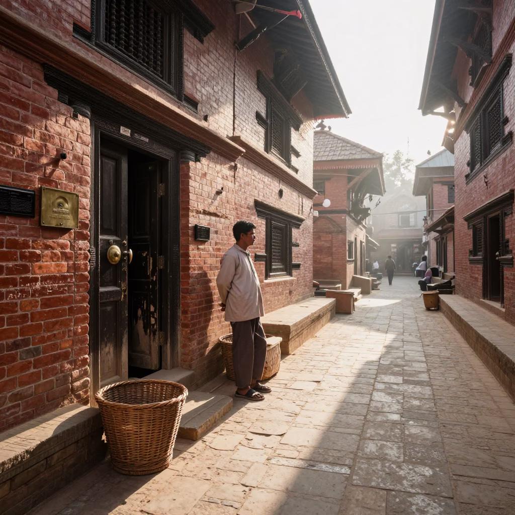 Kathmandu Street Morning with Brass Escutcheon and Wicker Basket in Early Light in in Kathmandu, Nepal