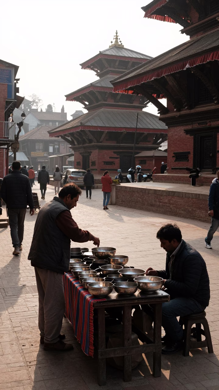 Kathmandu Street Scene at As First Light Reaches The Scene in in Kathmandu, Nepal