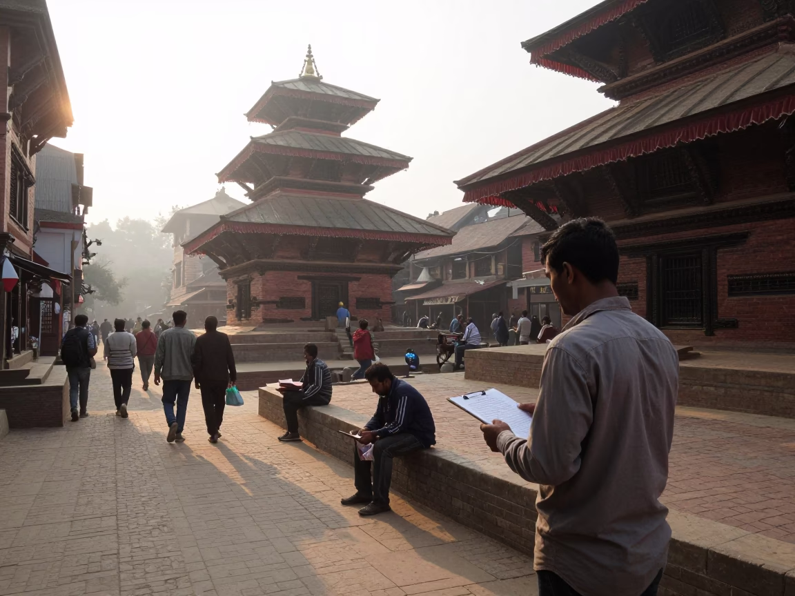 Kathmandu Street Scene at Dawn with Clipboard and Local Vendor Interaction in in Kathmandu, Nepal