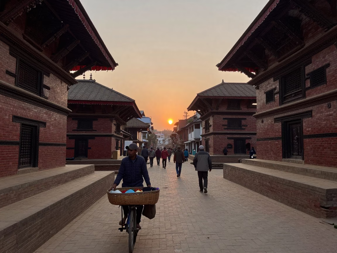 Kathmandu street scene at dusk with basket vendor and brick architecture in in Kathmandu, Nepal