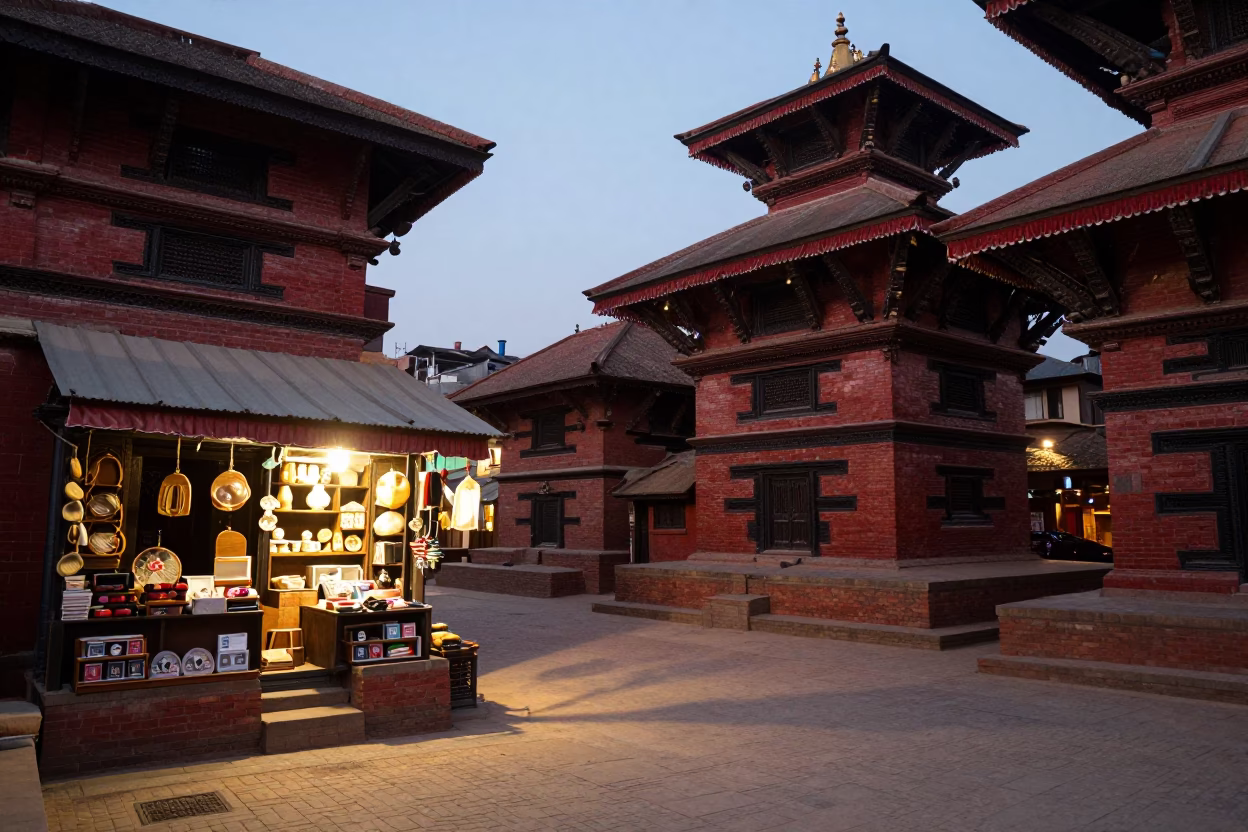Kathmandu street scene at dusk with brick architecture and evening activity in in Kathmandu, Nepal