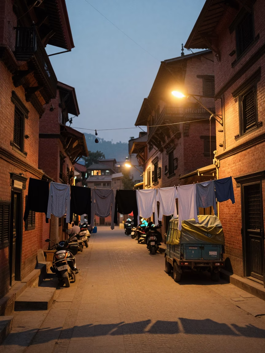 Kathmandu Street Scene at Dusk with Clothesline and Cargo Bicycle in Nepal in in Kathmandu, Nepal