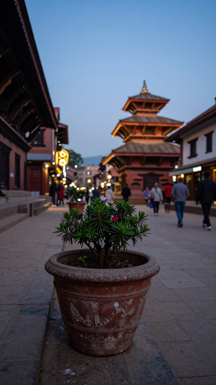 Kathmandu street scene at dusk with flowerpot and traditional architecture in in Kathmandu, Nepal