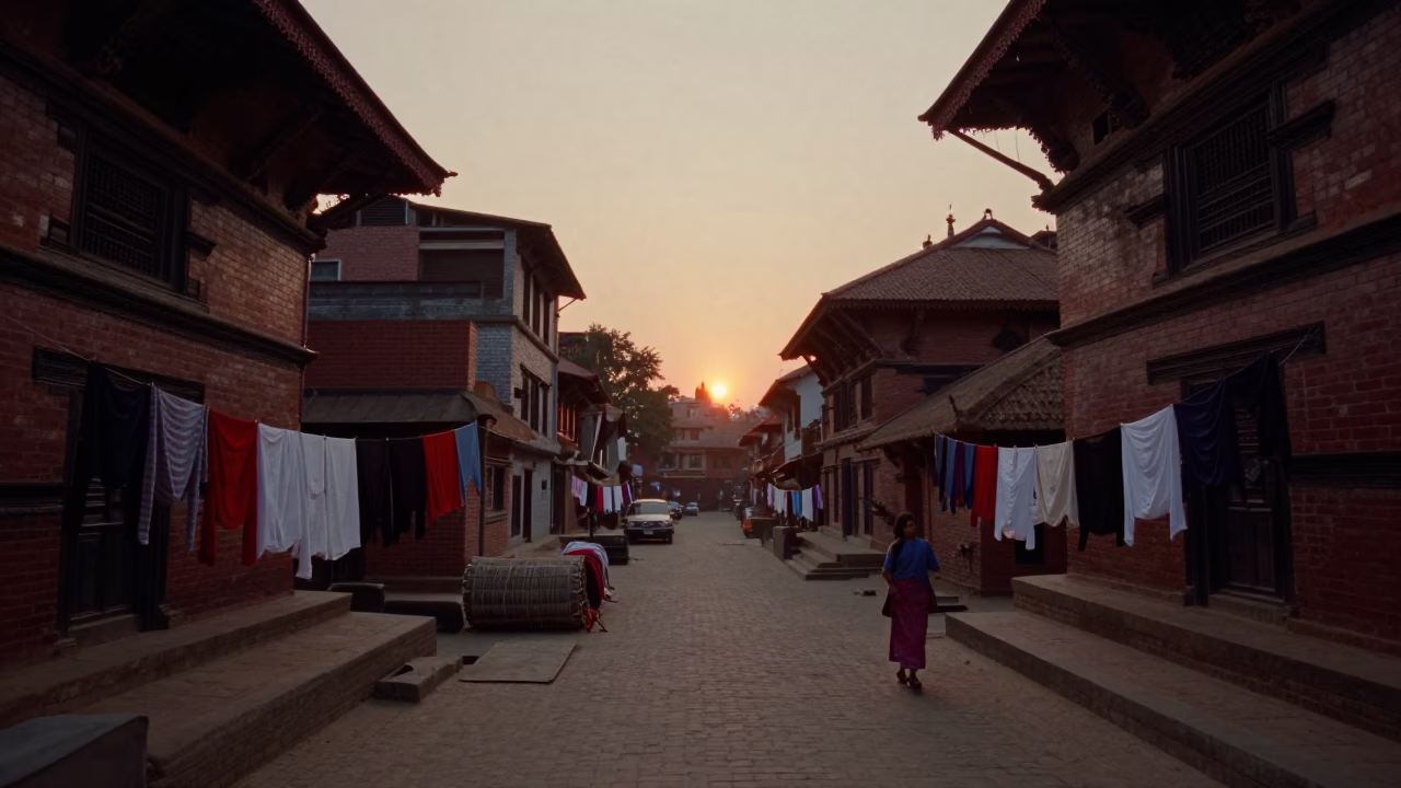 Kathmandu street scene at dusk with laundry and rolling carts in in Kathmandu, Nepal