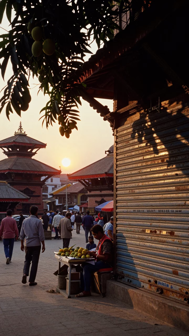 Kathmandu Street Scene at Dusk with Mangoes and Traditional Architecture in in Kathmandu, Nepal