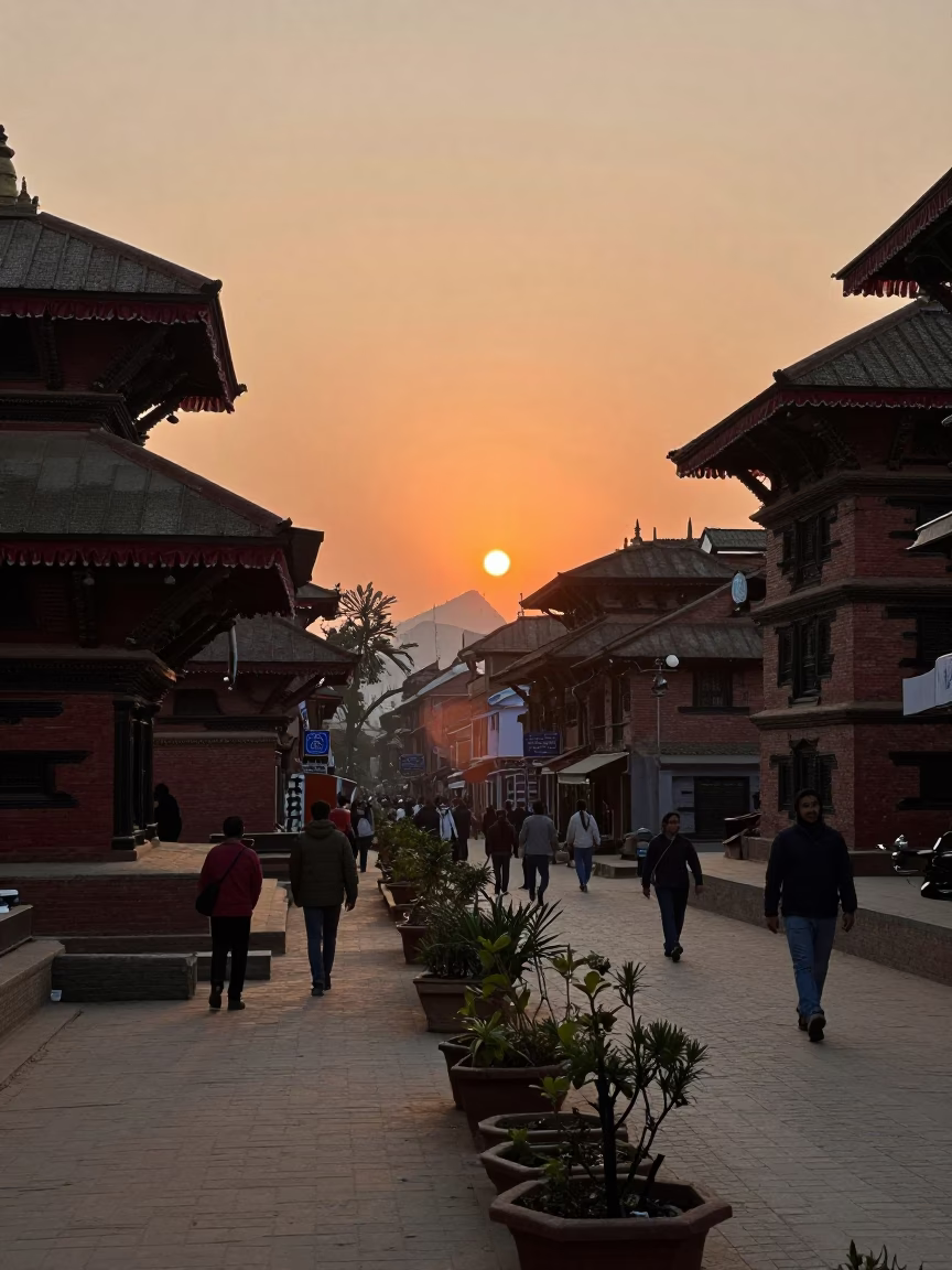 Kathmandu Street Scene at Dusk with Potted Plants and Traditional Architecture in in Kathmandu, Nepal