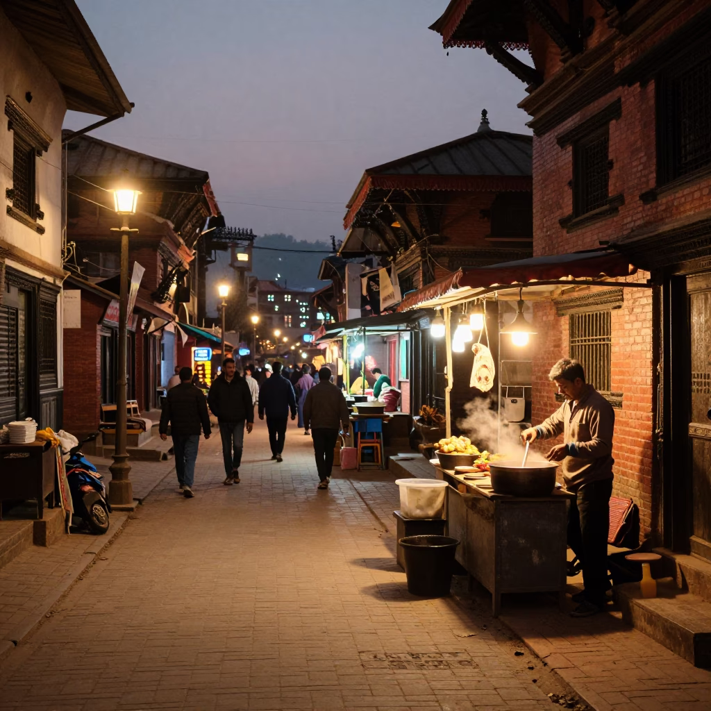 Kathmandu Street Scene at Dusk with Sodium Lights and Local Market Activity in in Kathmandu, Nepal