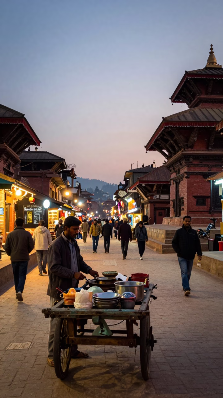 Kathmandu Street Scene at Dusk with Vendor and Traditional Architecture in in Kathmandu, Nepal