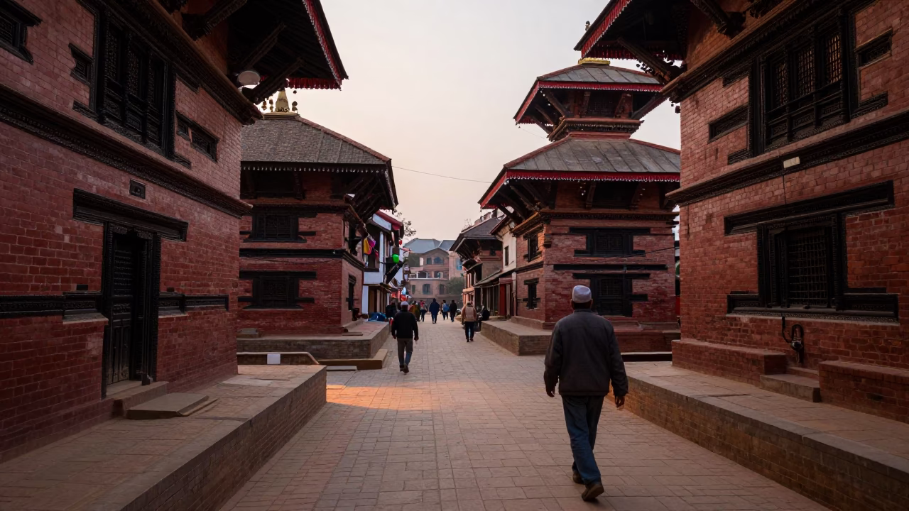 Kathmandu Street Scene at Early Evening with Traditional Tiffin Tin Carrier in in Kathmandu, Nepal
