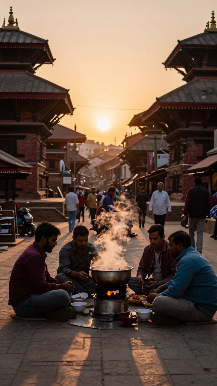 Kathmandu street scene at sunset with locals sharing a steaming hotpot in in Kathmandu, Nepal