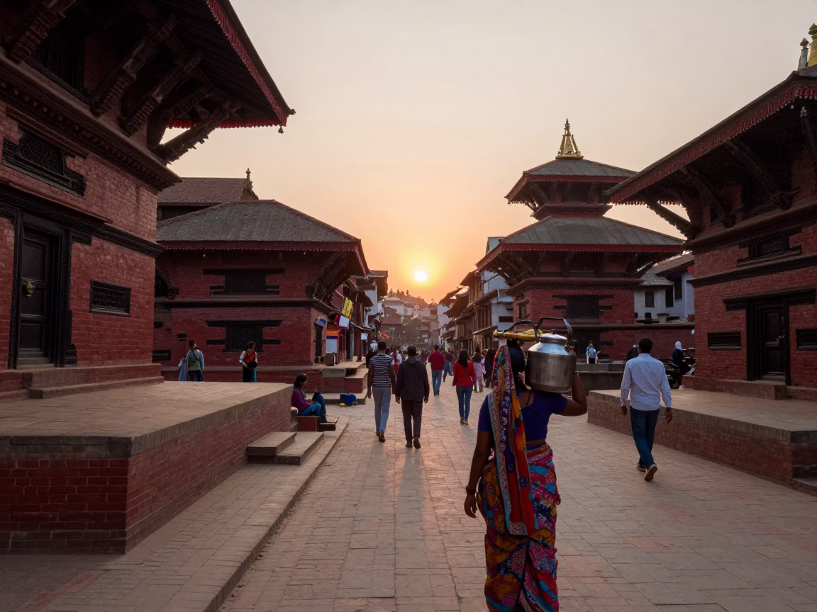 Kathmandu street scene at sunset with red brick architecture and local pedestrians in in Kathmandu, Nepal