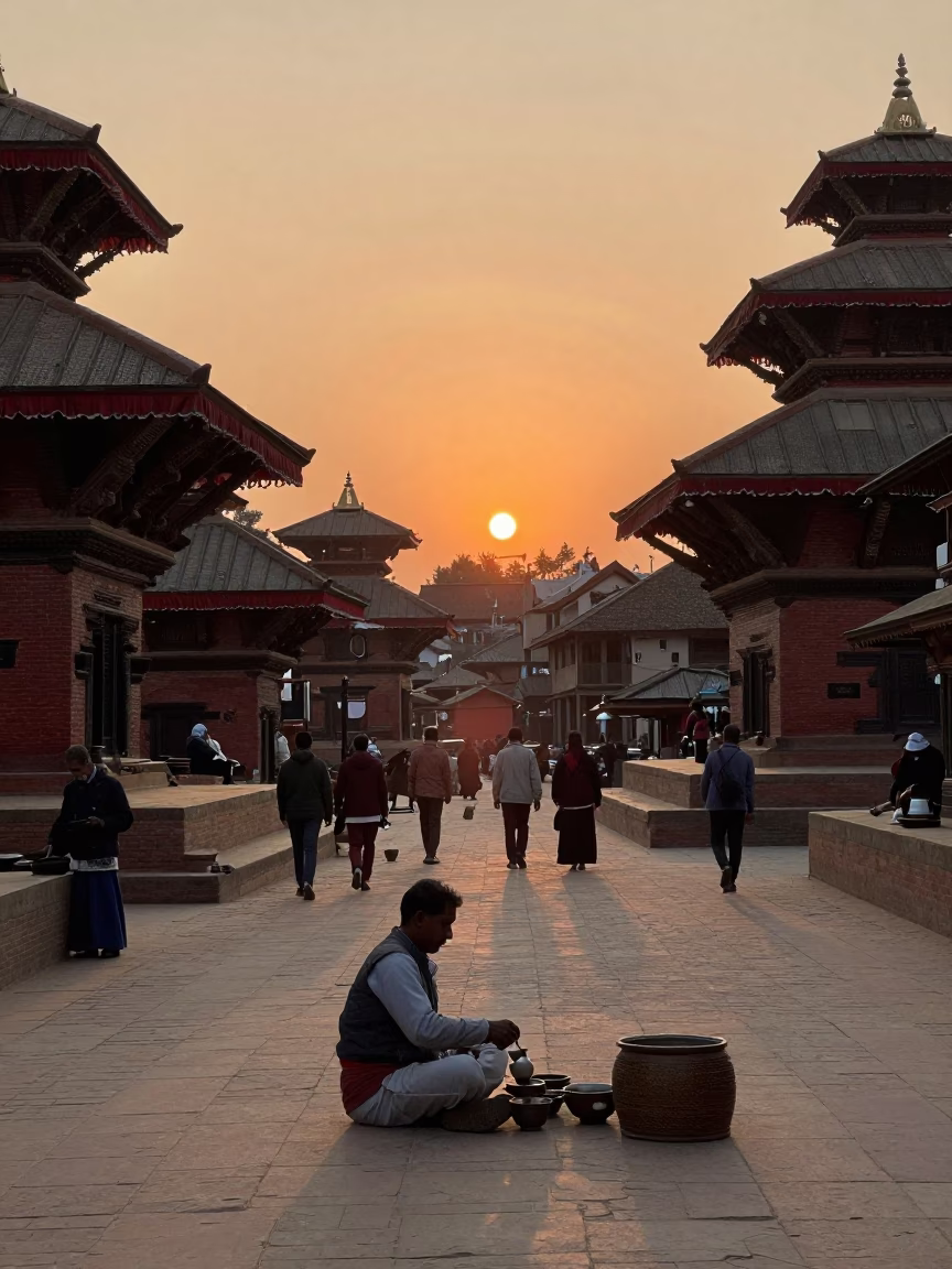 Kathmandu Street Scene at Sunset with Tea Master and Traditional Elements in in Kathmandu, Nepal