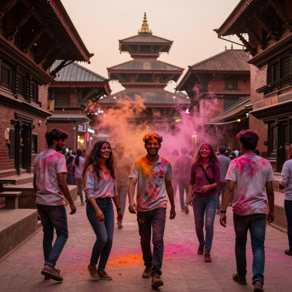 Kathmandu Street Scene Before Dusk with Holi Festival Colors in the Air in in Kathmandu, Nepal