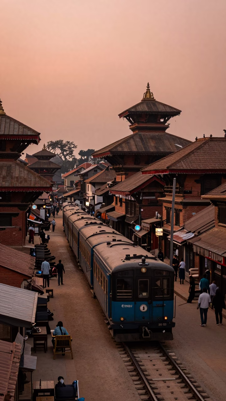 Kathmandu street scene in copper dusk light with narrow gauge train and traditional architecture in in Kathmandu, Nepal