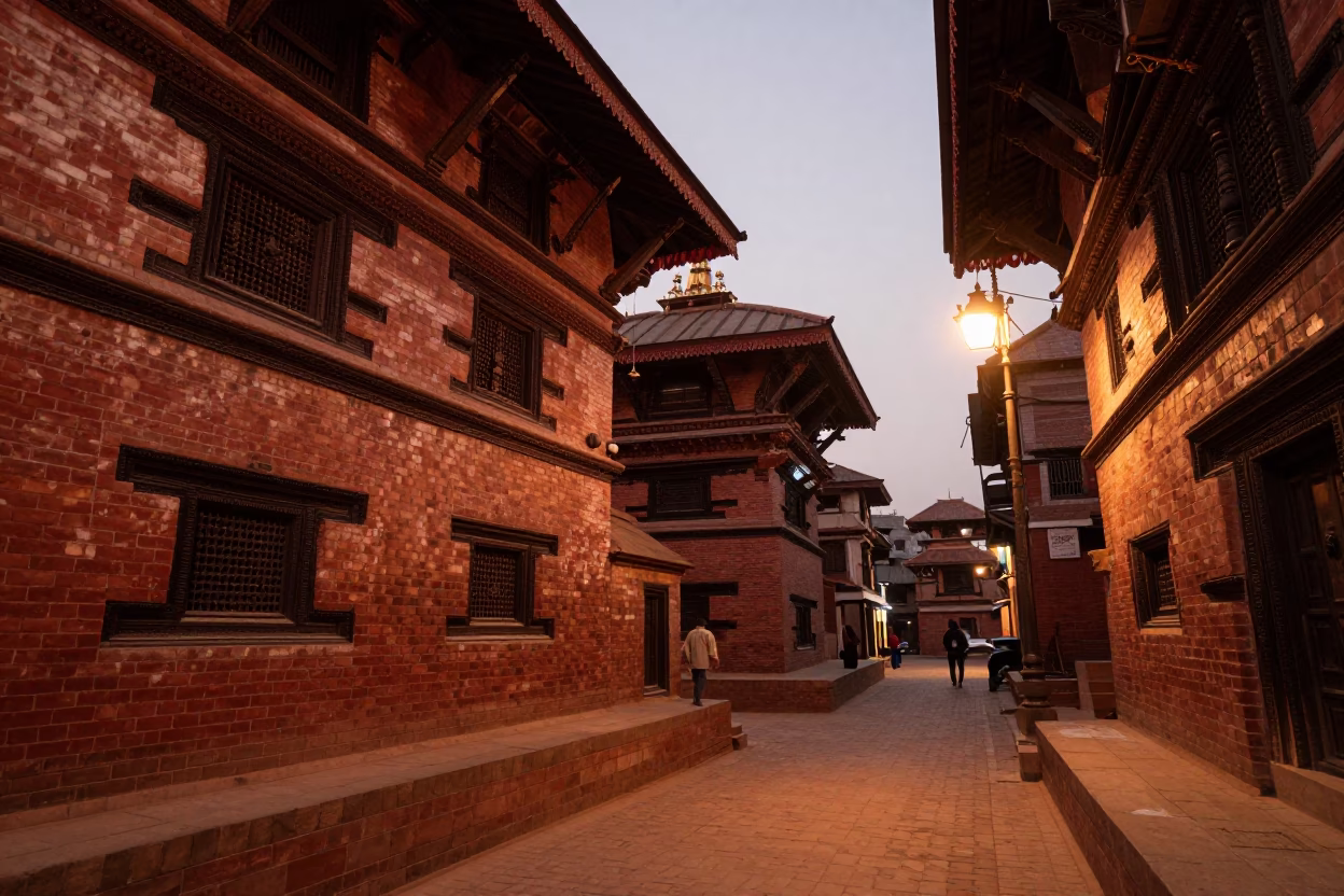 Kathmandu Street Scene in Copper Dusk Light with Vintage Coffee Grinder and Traditional Architecture in in Kathmandu, Nepal