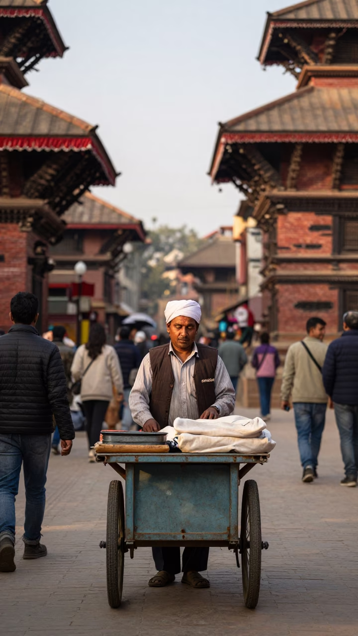 Kathmandu Street Scene Late Afternoon with Local Vendor and Tin Box in in Kathmandu, Nepal