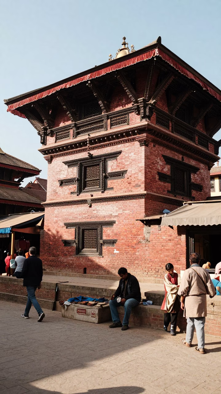 Kathmandu Street Scene Midmorning Light with Local Market Activity and Traditional Architecture in in Kathmandu, Nepal