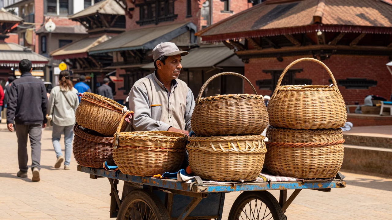 Kathmandu Street Vendor Midday Scene with Sewing Baskets and Urban Life in in Kathmandu, Nepal