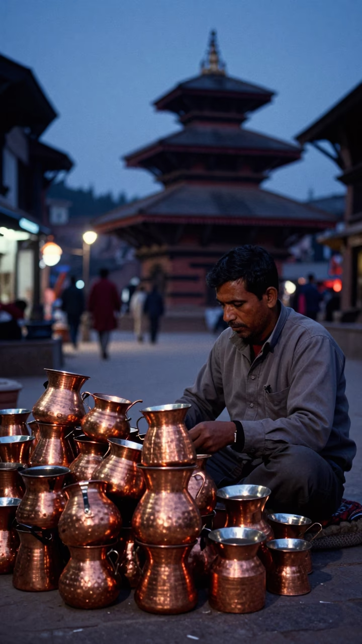 Kathmandu street vendor selling copper pots in indigo twilight in in Kathmandu, Nepal