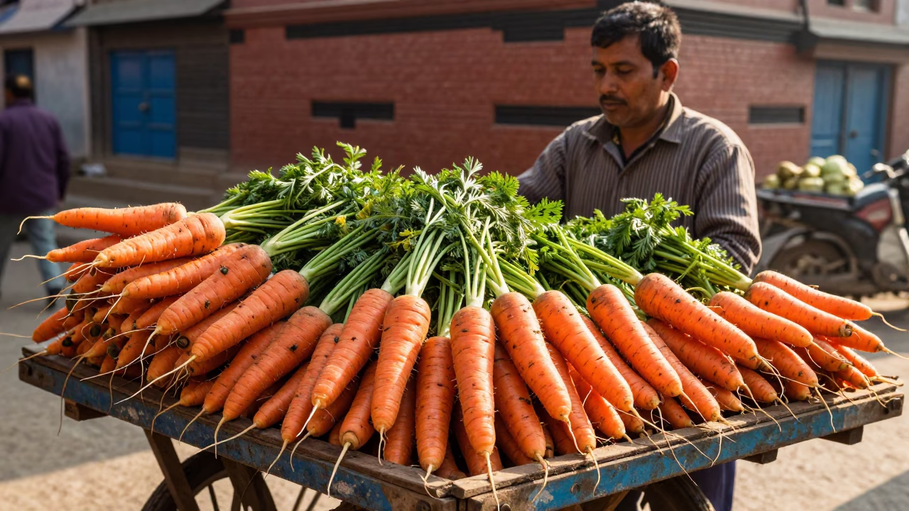 Kathmandu Street Vendor Selling Fresh Carrots and Root Vegetables in Late Morning Light in in Kathmandu, Nepal