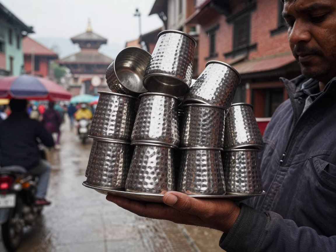 Kathmandu street vendor selling hammered metal cups in morning rain in in Kathmandu, Nepal