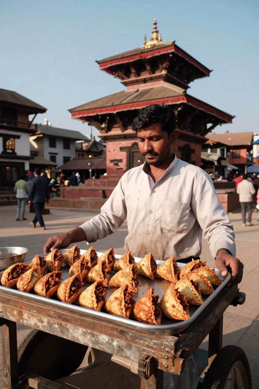Kathmandu Street Vendor Selling Spiced Meat Samosas in Clear Late Afternoon Light in in Kathmandu, Nepal