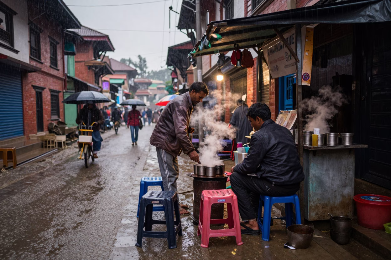 Kathmandu street vendor under rain at dusk with folding stools in in Kathmandu, Nepal