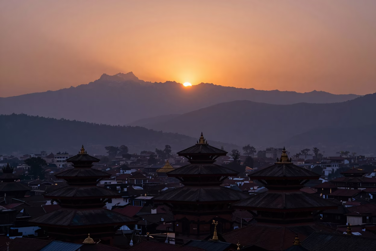 Kathmandu Sunset Panorama with Distant Himalayan Peaks and Traditional Architecture in in Kathmandu, Nepal
