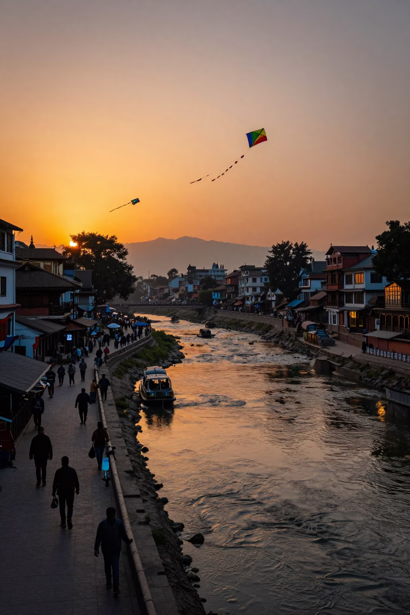 Kathmandu Sunset Street Scene with Kites and River Reflections in in Kathmandu, Nepal