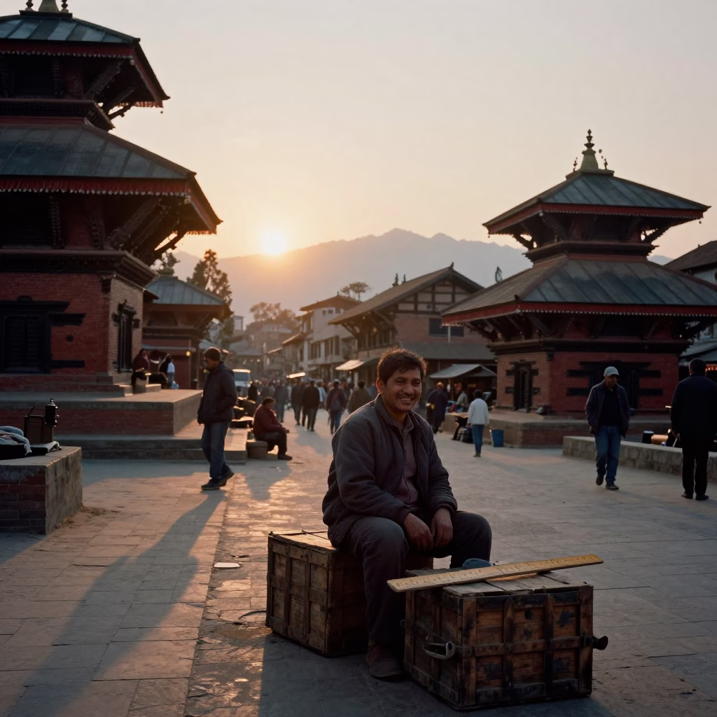 Kathmandu Sunset Street Scene with Local Vendor and Traditional Elements in in Kathmandu, Nepal