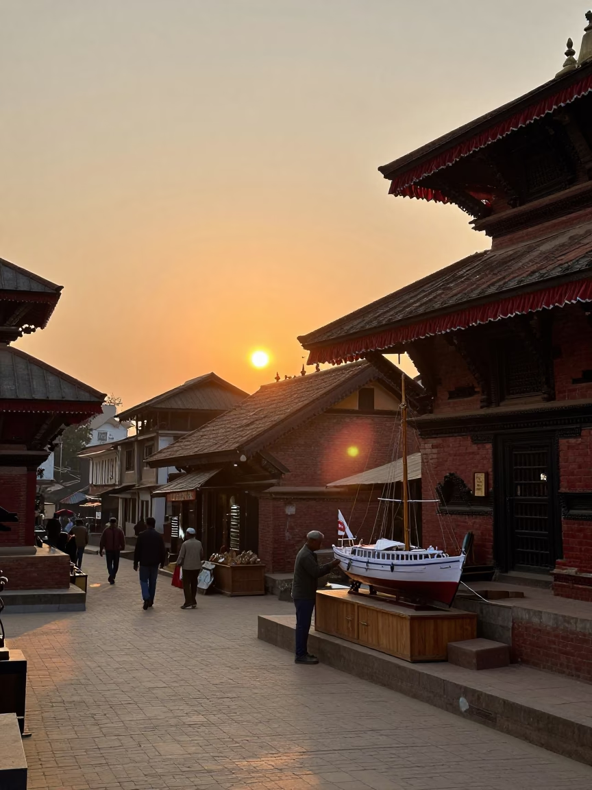 Kathmandu Sunset Street Scene with Model Ship and Clear Glass Doorframe in in Kathmandu, Nepal