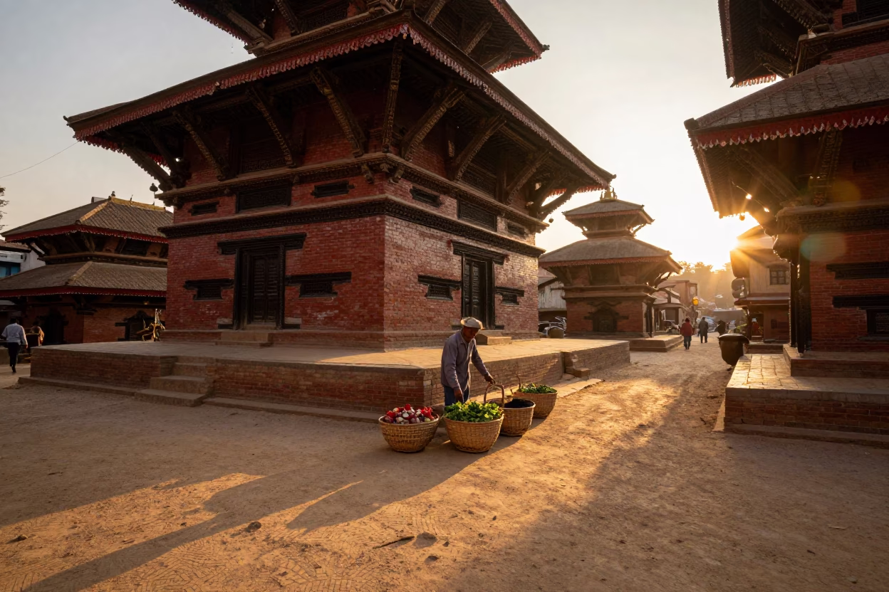 Kathmandu Sunset Street Scene with Woven Baskets and Local Market Life in in Kathmandu, Nepal