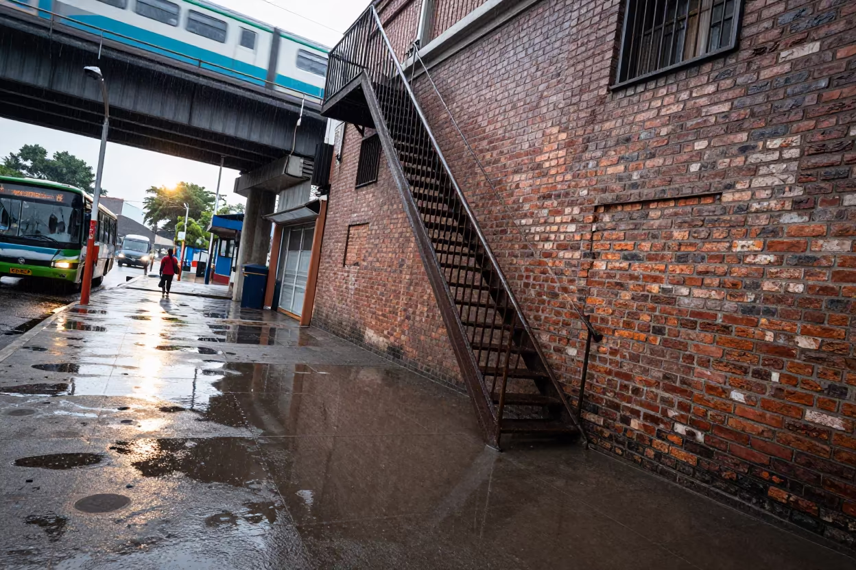 Katsina Fire Escape Reflection in Puddle in under an elevated train line in Katsina