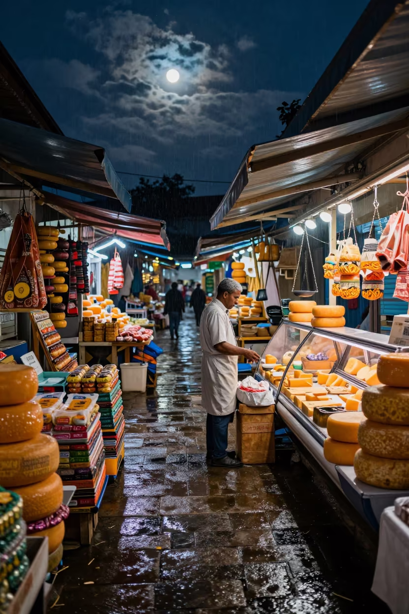Katsina Market Cheese Monger Under Moonlight in in a covered bazaar aisle in Katsina