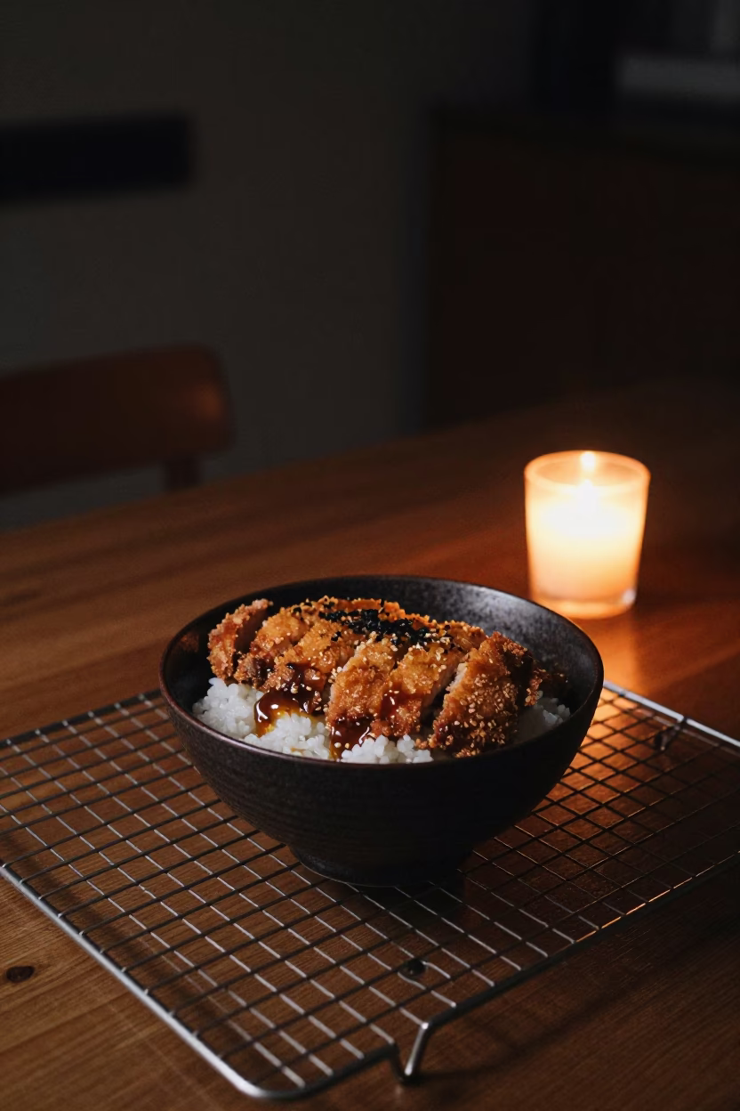 Katsudon Bowl on Cooling Rack Night Dordrecht in on a bakery cooling rack in Dordrecht