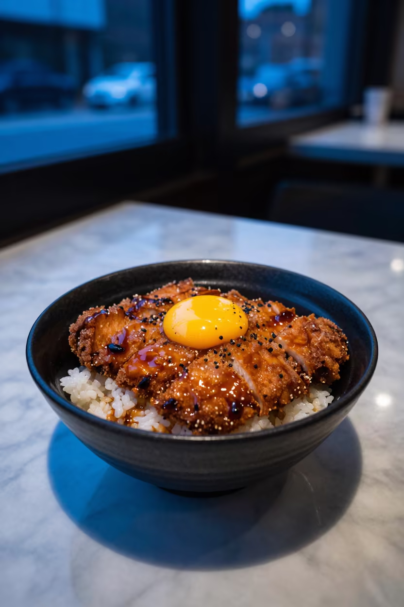 Katsudon Bowl on Marble Table Atlanta Twilight in on a marble cafe table in Atlanta