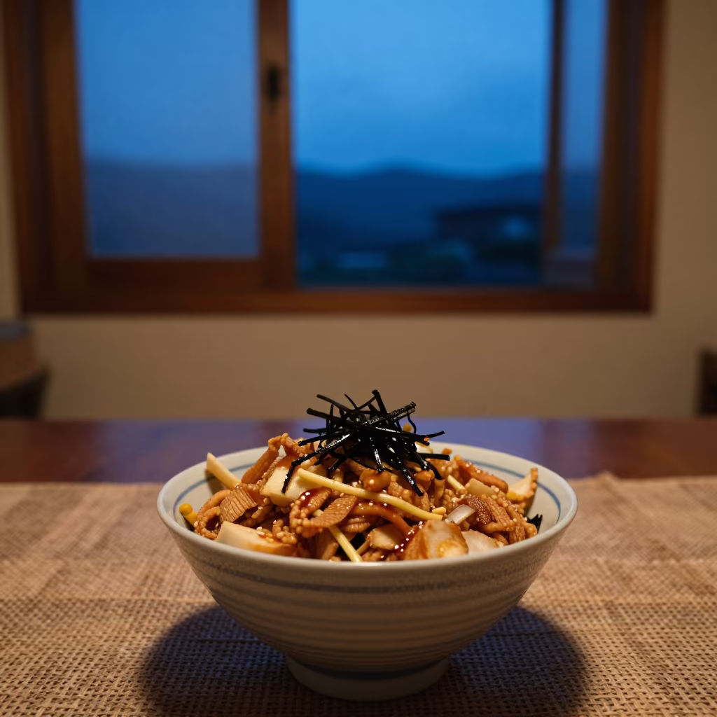 Katsudon Bowl on Picnic Blanket in Danane in on a picnic blanket in Danané
