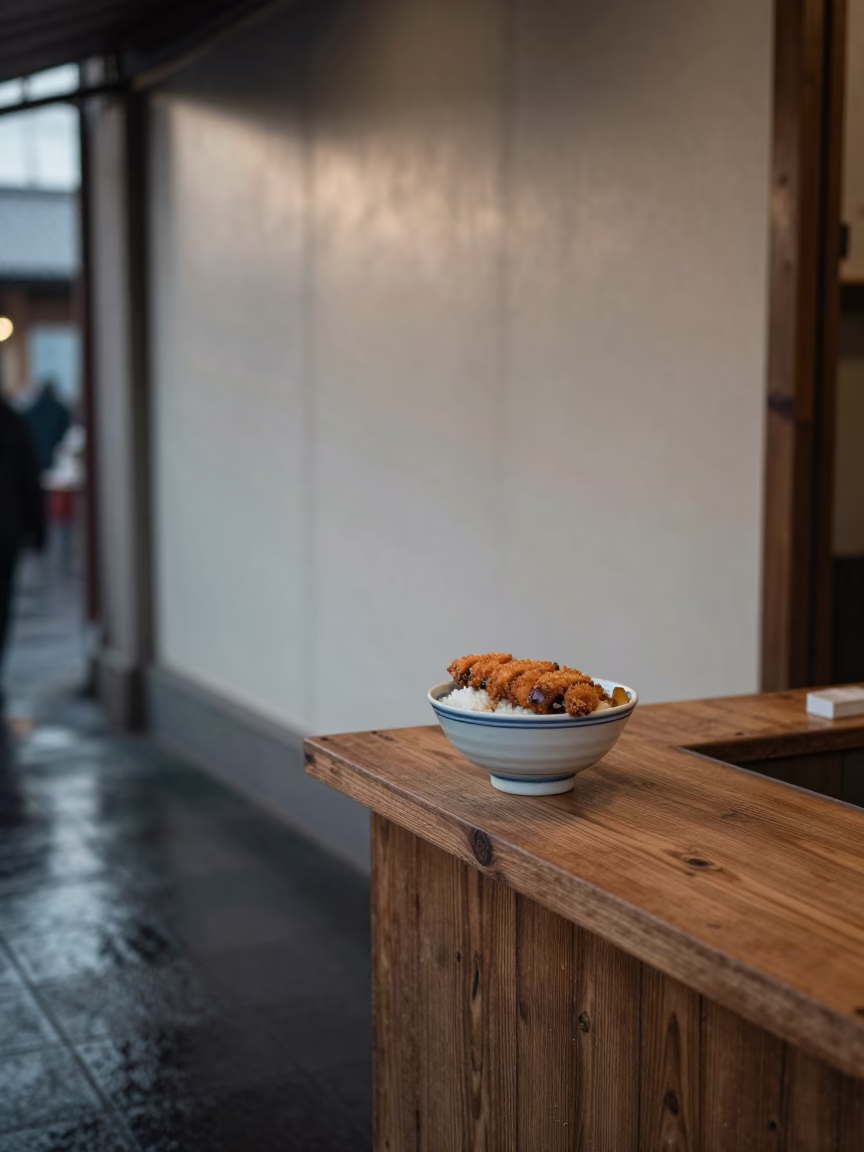Katsudon Bowl on Taourirt Market Counter in Winter in at a market stall counter in Taourirt
