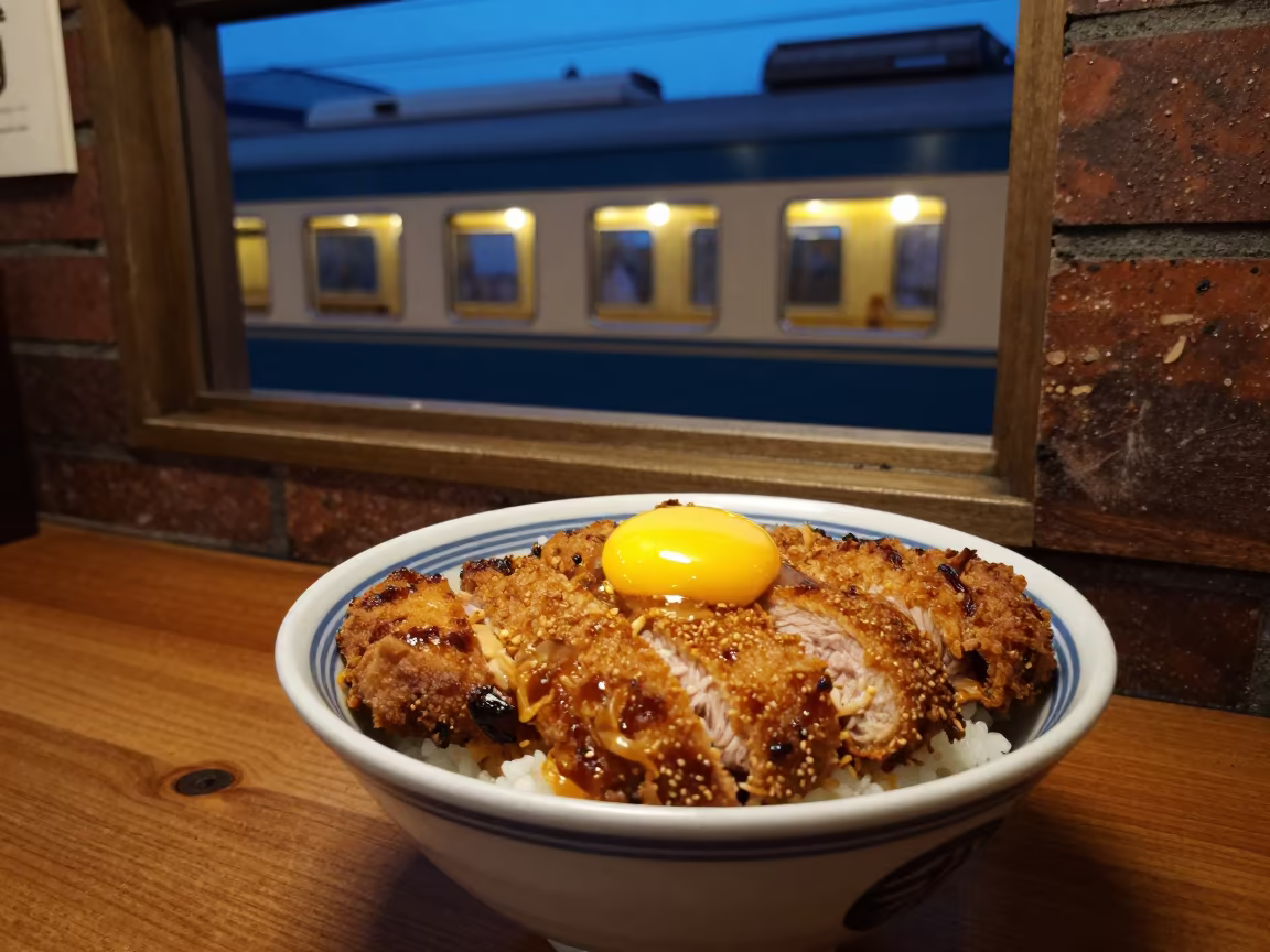 Katsudon Bowl with Train Car in Chongqing in at a market stall counter in Chongqing