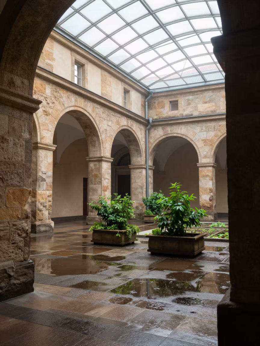 Kaunas Arcade Morning Light Stone Arches in inside a glass-roofed arcade in Kaunas