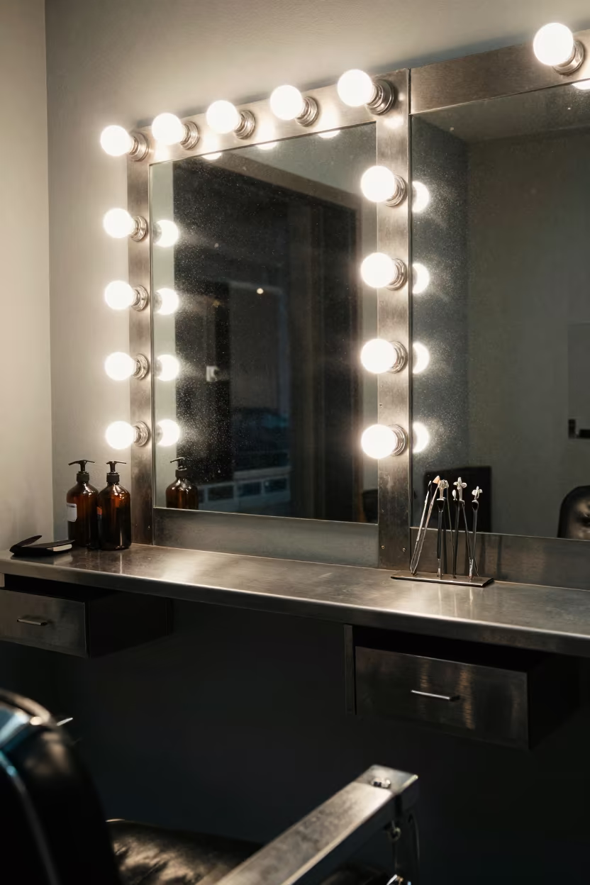 Kaunas Barber Backbar Pump Shelf Night in at a barber station beneath mirror bulbs in Kaunas