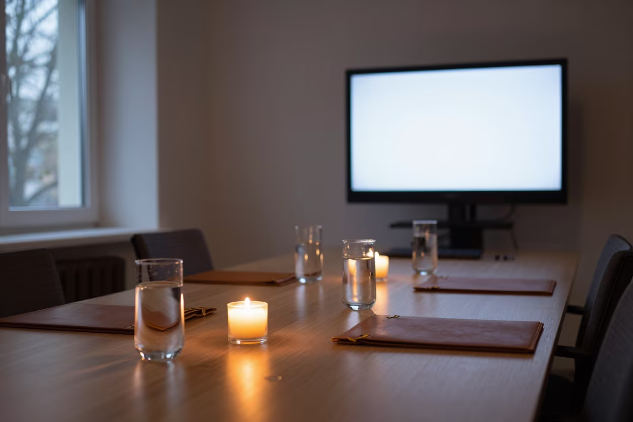 Kaunas Office Night with Candlelight and Leather Folios in in an operations center under monitor glow in Kaunas