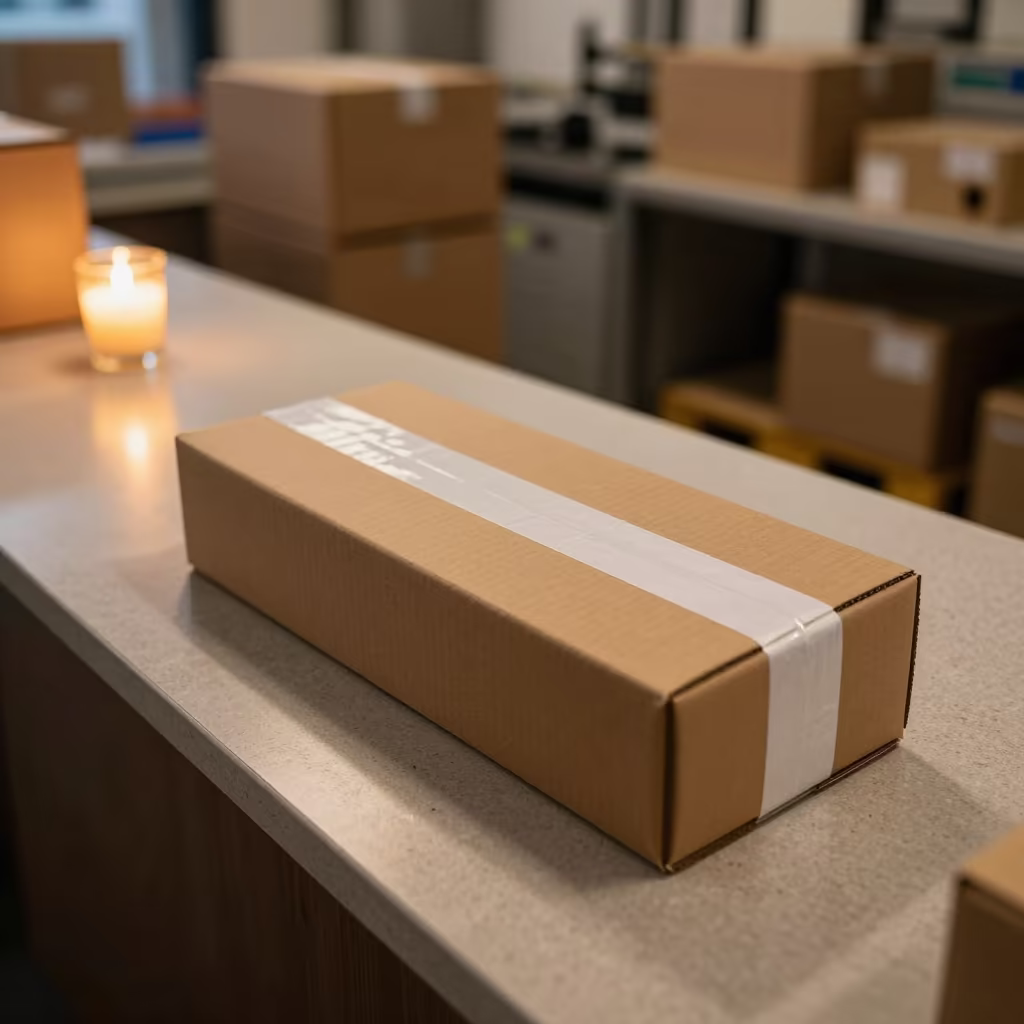 Kauri Box Seal Strip Before Dispatch in at a fulfillment packing station in Karangahape Road, Auckland