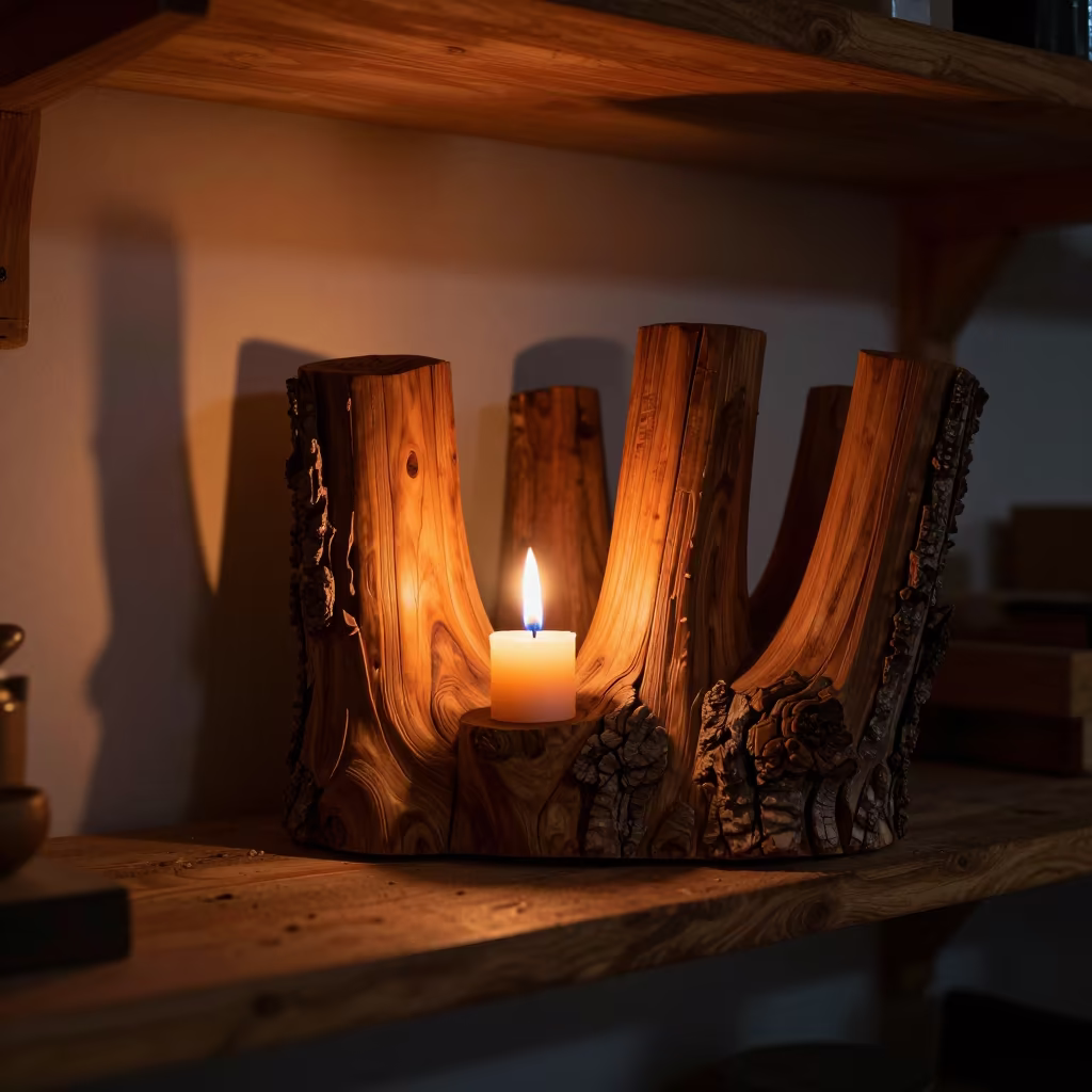 Kauri Crown Detail on Turin Shelf at Sunset in on a workshop shelf near Turin