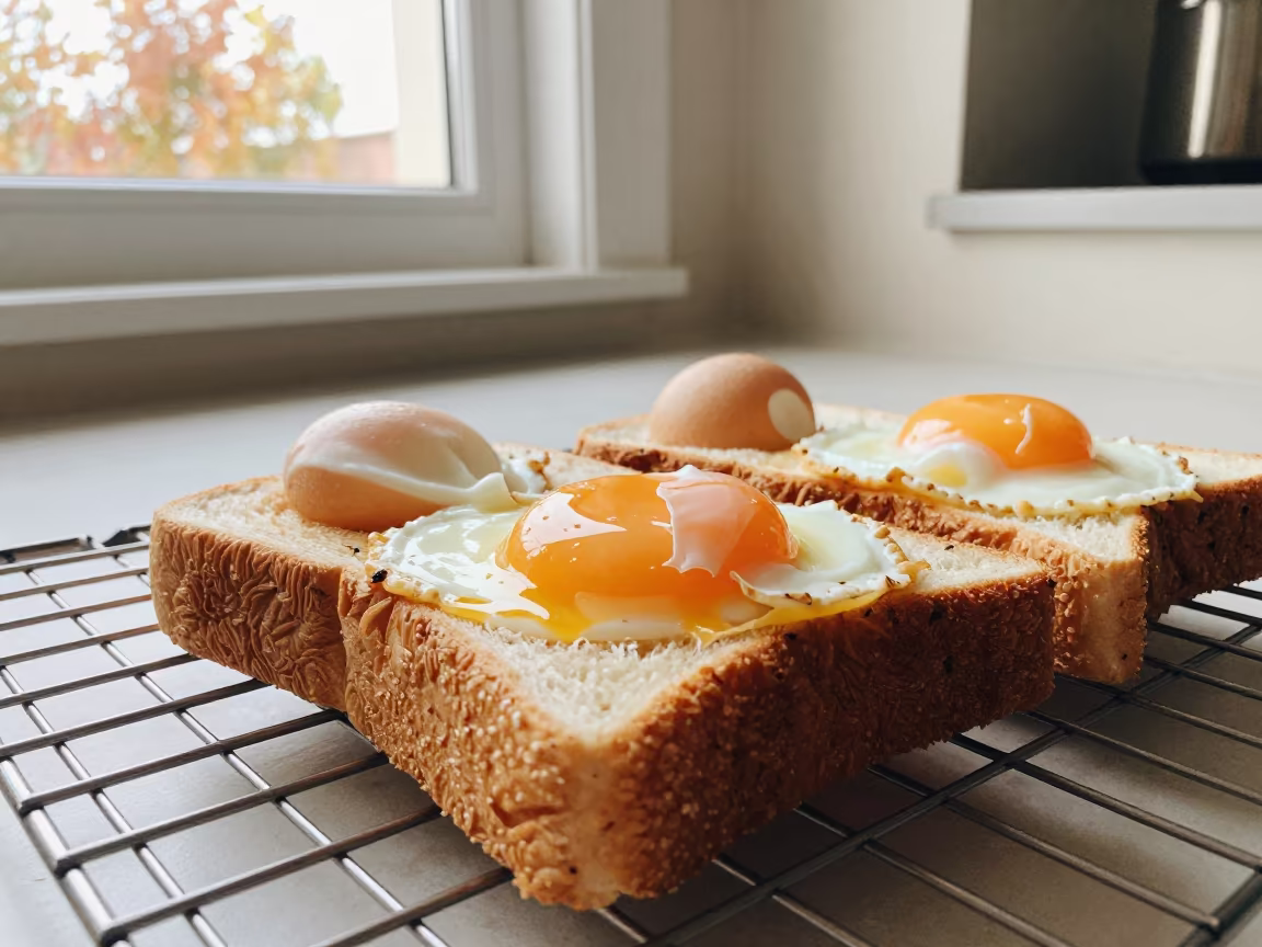 Kaya Toast and Soft Eggs on Bakery Rack in on a bakery cooling rack in Pali