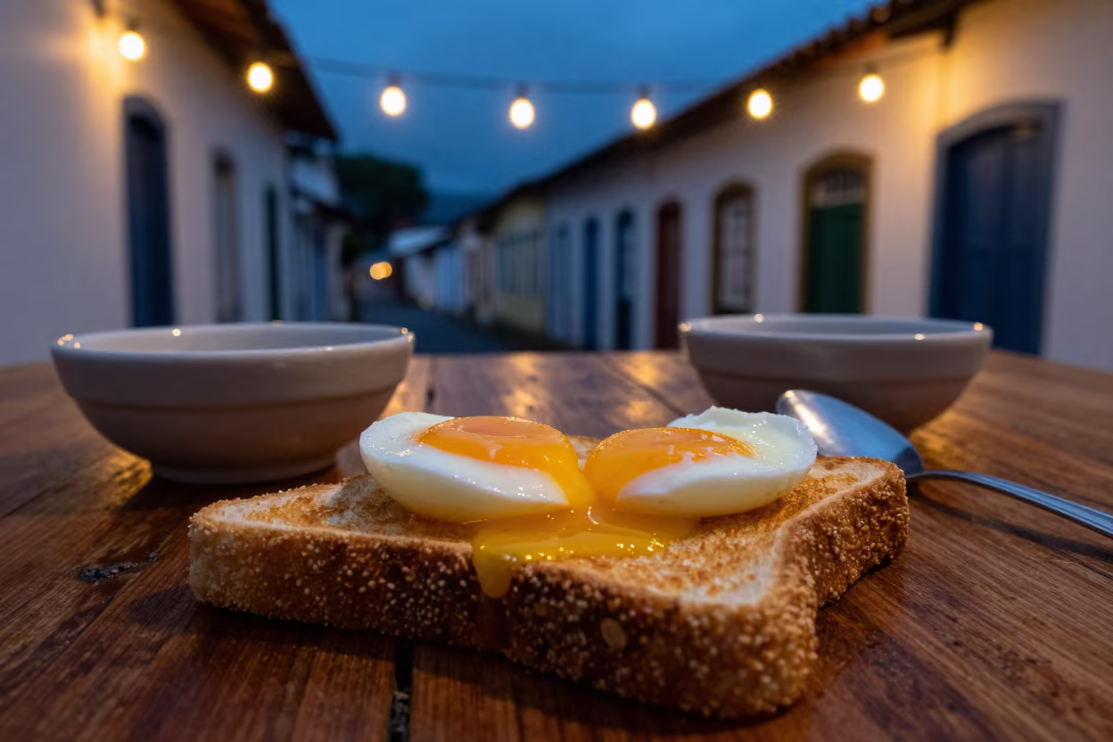 Kaya Toast and Soft Eggs in Sao Luis Twilight in on a rustic wooden table in Sao Luis