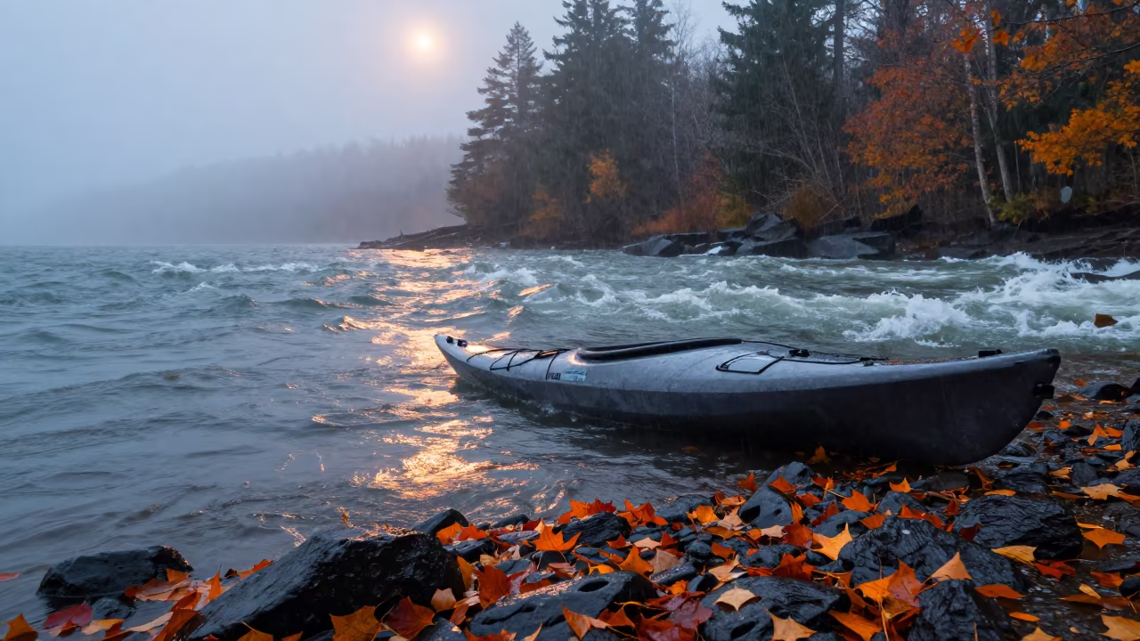 Kayak Navigating Autumn Rapids Near Foggy Harbor in beside a fogbound harbor mouth near Santa Rita